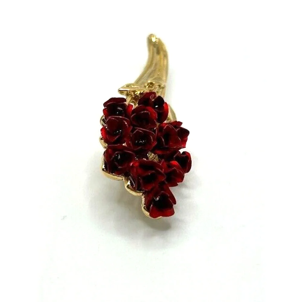 Vintage Avon Jewelry DM97 Gold Tone Dozen Enamel Red Roses Brooch‎ Pin 2.5